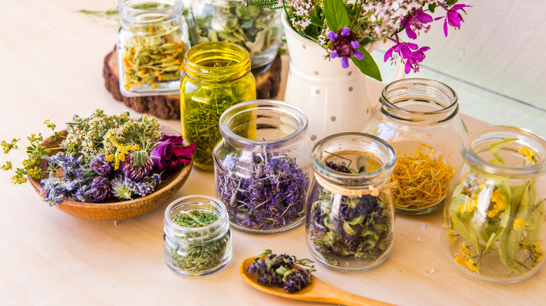 dried flowers in jars