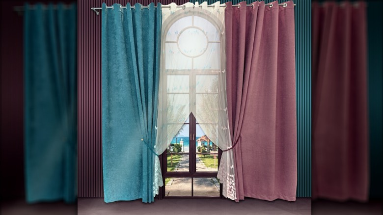 blue and purple colored curtains