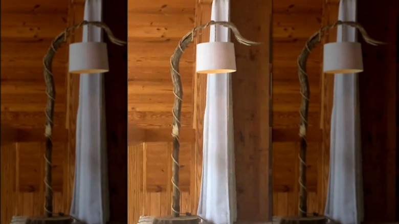 wood base lamp with hanging shade