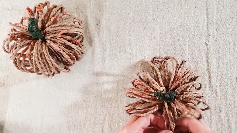 Loopy pumpkins made from plastic bag twine