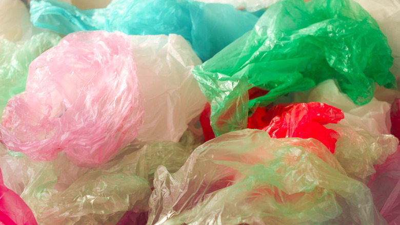 Pile of colorful empty plastic shopping bags