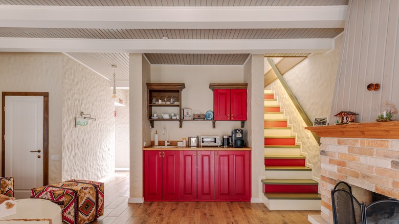 Kitchen with Red Wooden Cabinet 