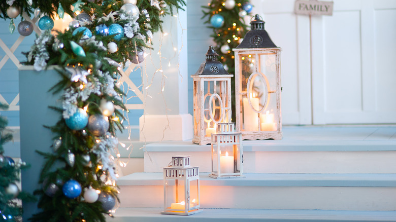 blue ornaments on garlands