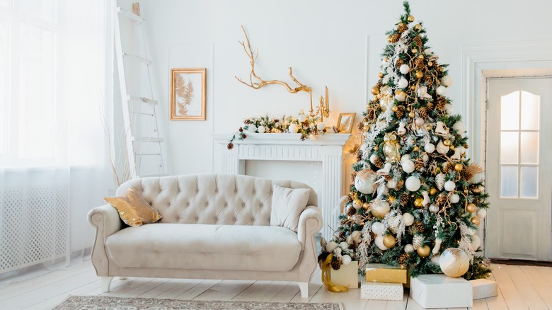 golden ornaments on Christmas tree