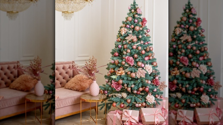 pink ornaments on Christmas tree