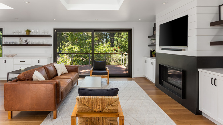 living room with shiplap