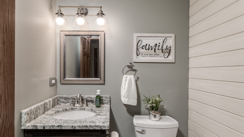 small bathroom with shiplap