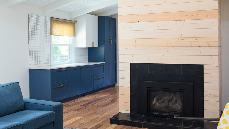 raw wood shiplap and fireplace