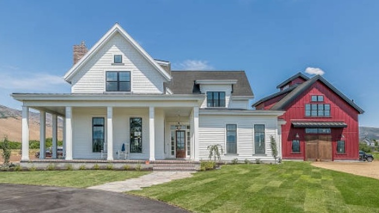 Red farmhouse garage