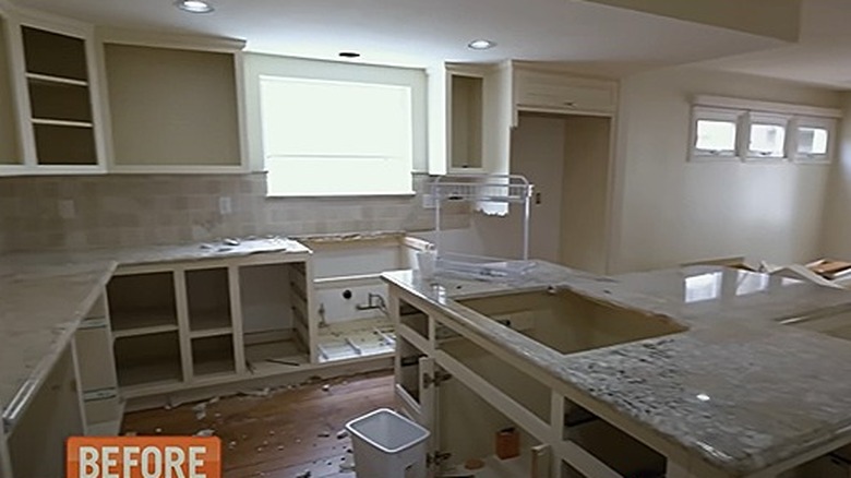 Demolished kitchen with island