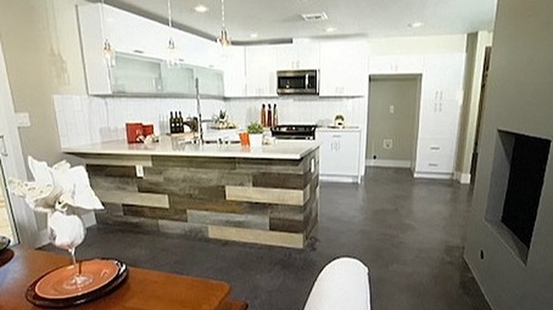 Wood-paneled kitchen counter