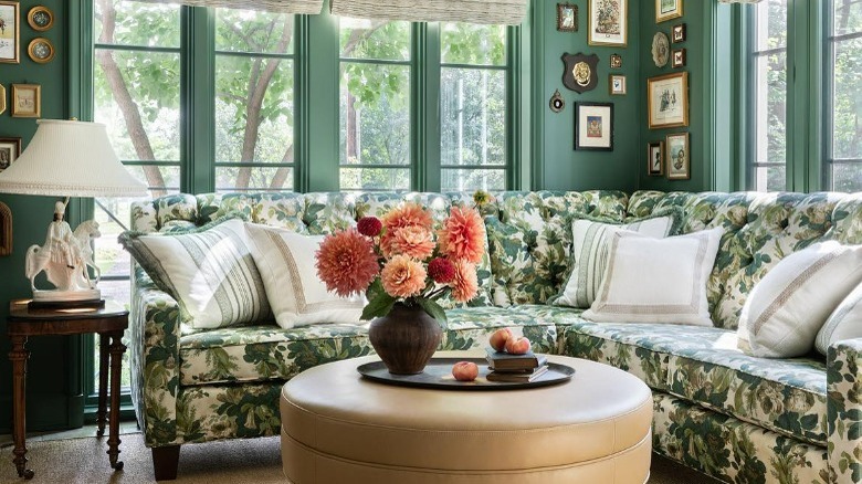 Green floral couch green sunroom 