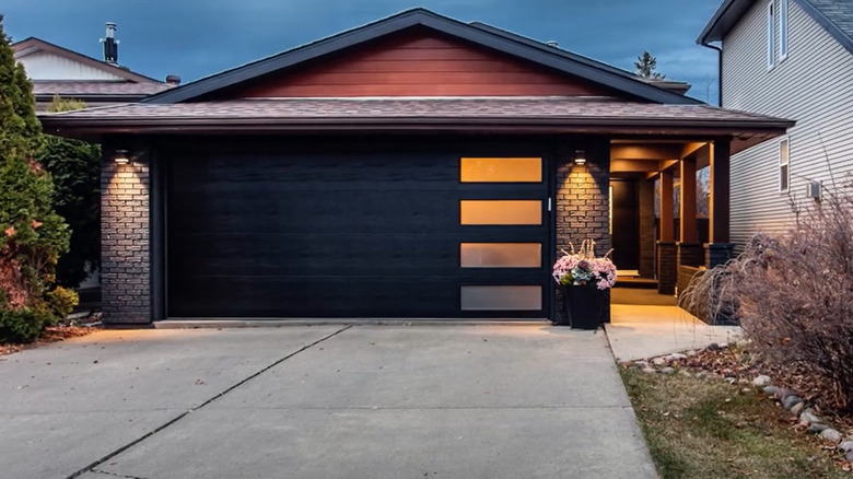 black garage door with windows