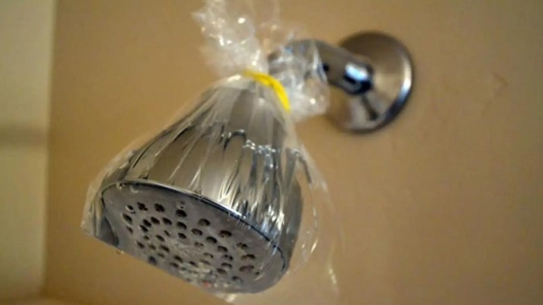 Shower head in plastic bag