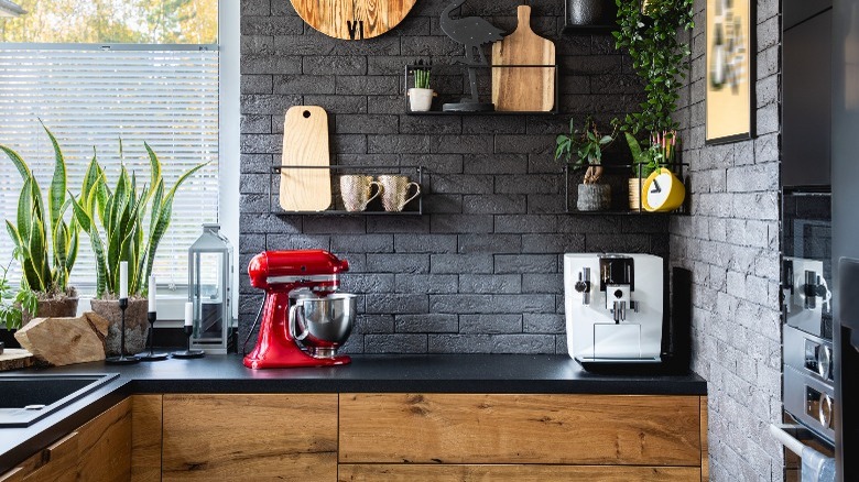 Kitchen with brick backsplash