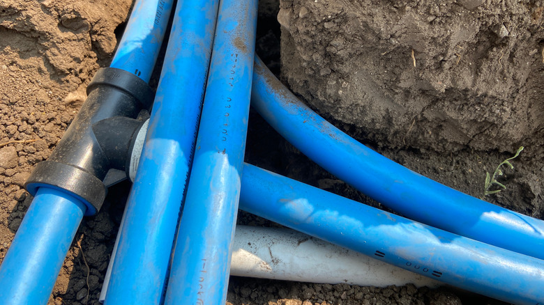 blue pipes in dirt