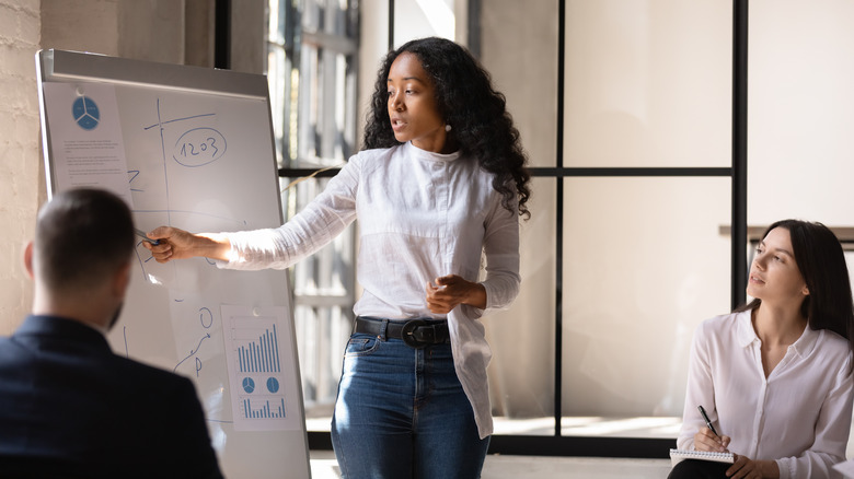 Woman in front of whiteboard