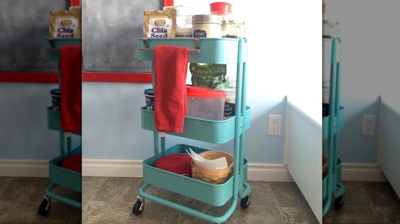 blue utility cart in kitchen