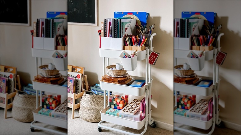 school supplies on white cart