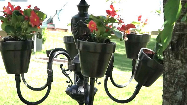 Hanging planter with red flowers made from a chandelier