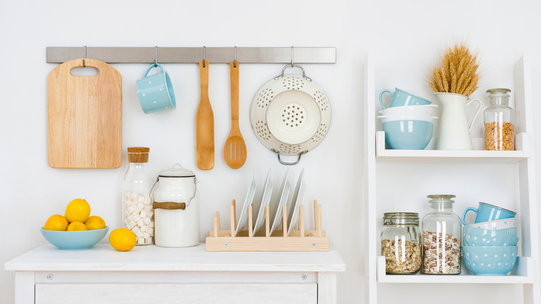 hanging wooden kitchen utensils