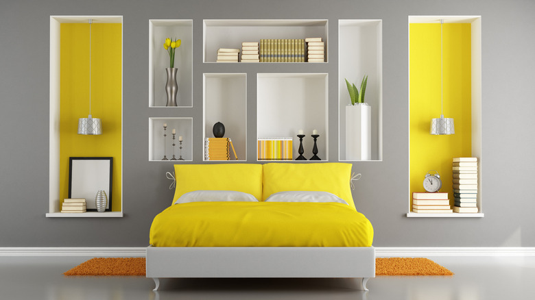 retro-style gray bedroom with yellow decor