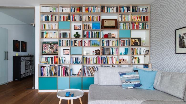 Colorful bookcase in living room