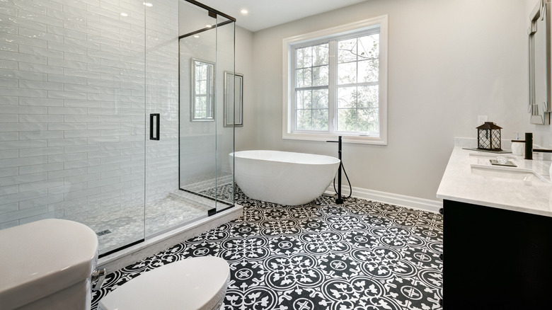 bathroom with patterned tile floor