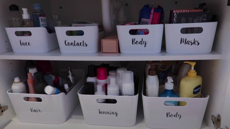 Organized bins in bathroom