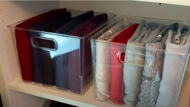 Two clear bins in closet