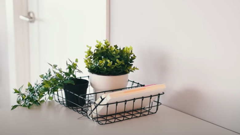 A metal basket with plants