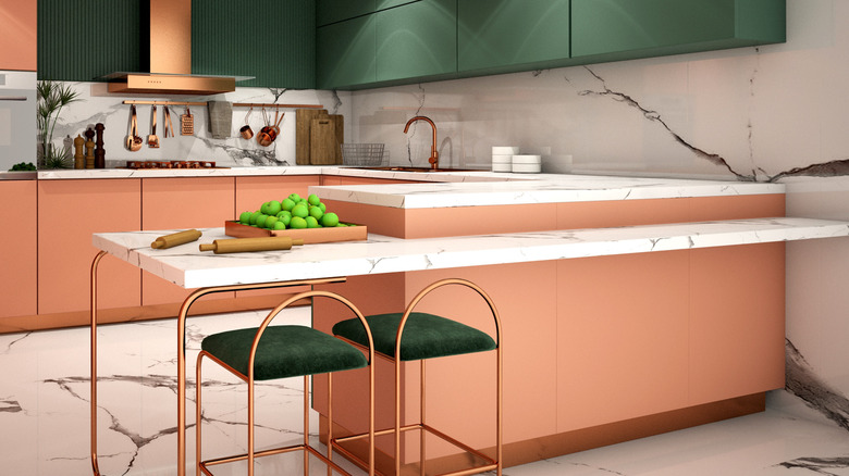 pink, green, and copper kitchen 