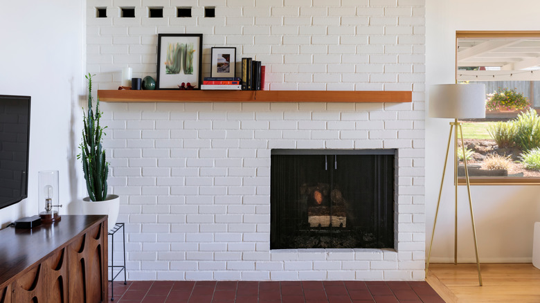 White brick fireplace