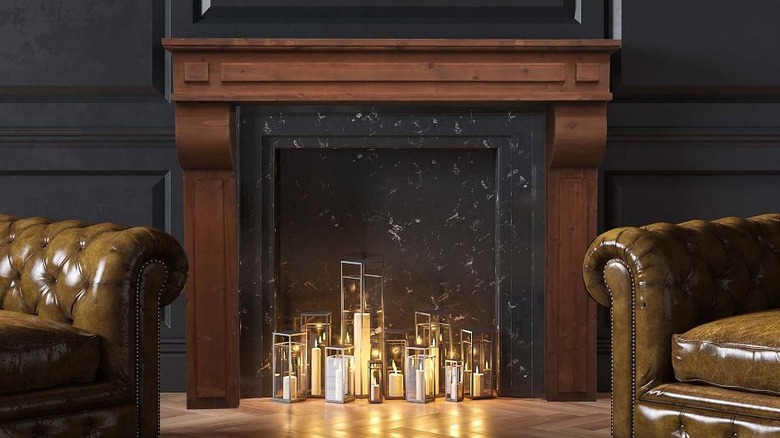 brown wood fireplace mantel