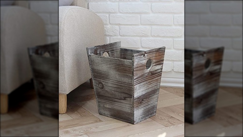 Wooden toned trash can