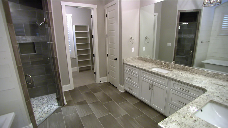 Warm toned master bathroom