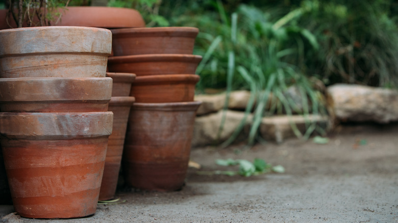 Terracotta planters are stacked along a walkway