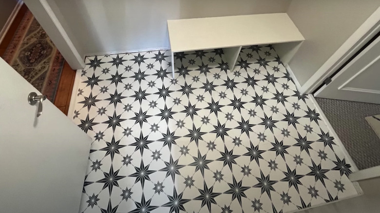 white and black stenciled floor