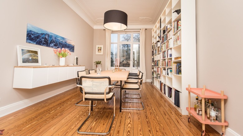 Narrow dining room and library