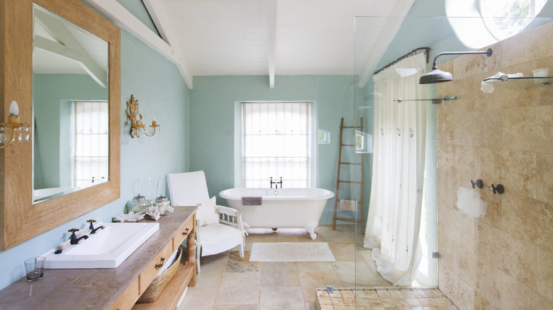 Tub in a blue bathroom