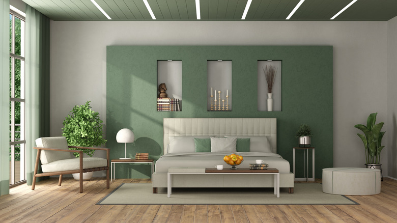 green and white bedroom