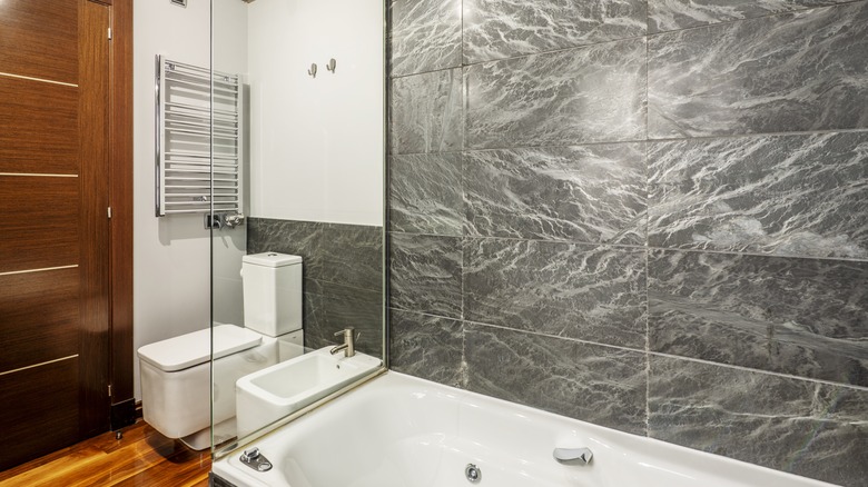 bathroom with gray slate tiles