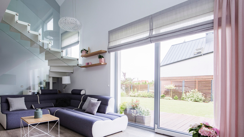 Roman shades on sliding door