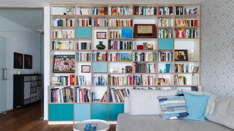 Living room with bright bookshelves