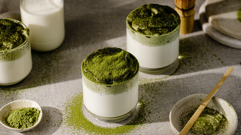 mixing matcha lattes