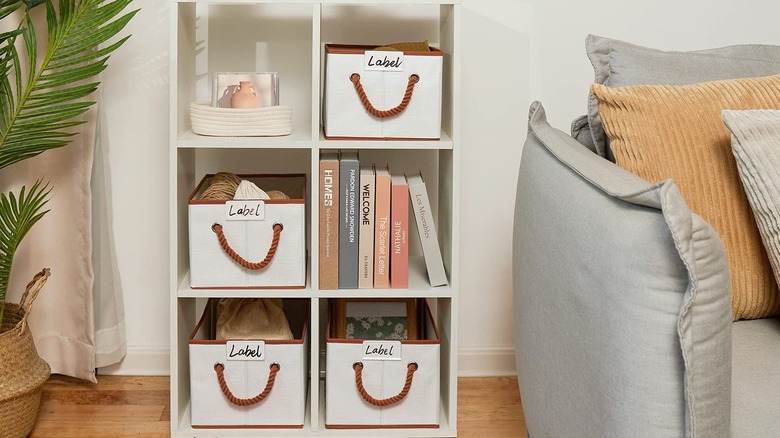 White and brown storage bins