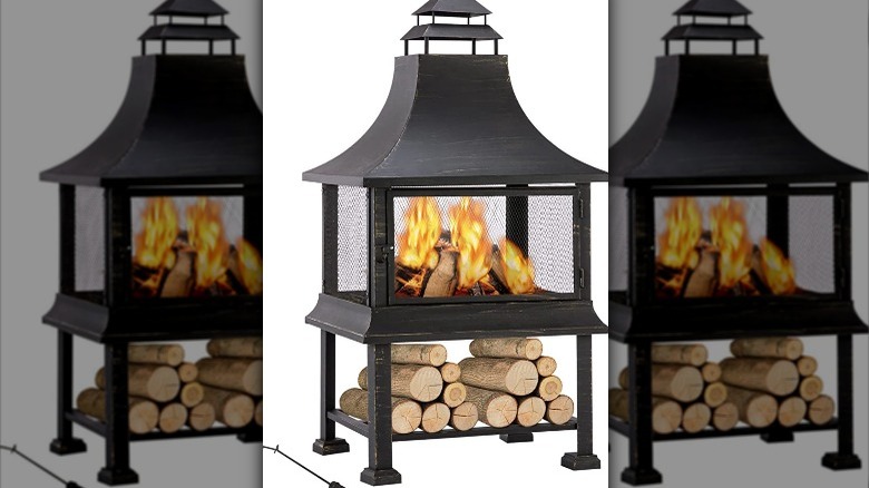 Rectangle black chiminea with firewood