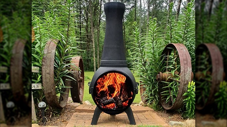 Black chiminea with mesh