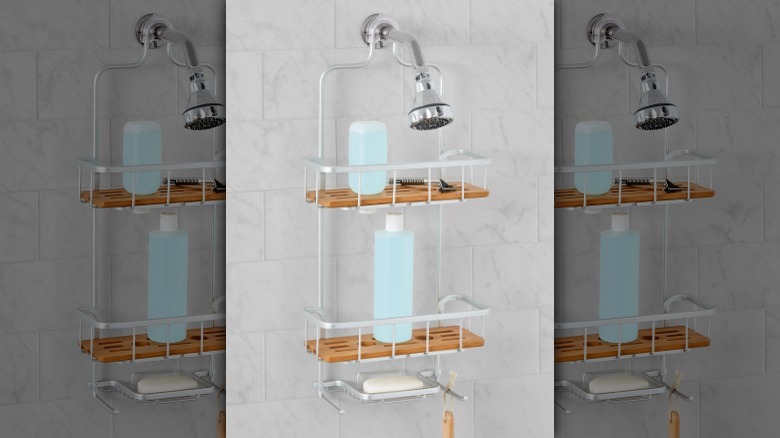 Shower shelf with wood