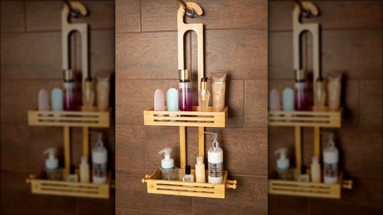 Wood shower shelf with products